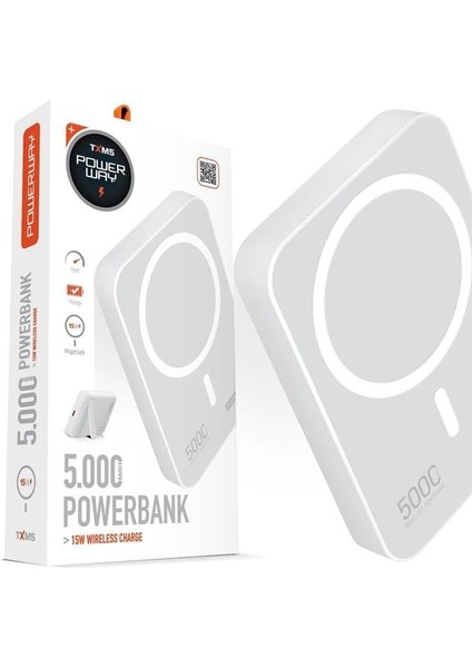 Powerway 5.000MAH PD15W Magsafe Kablosuz Wireless Taşınabilir Şarj Cihazı Beyaz Powerbank Txm5