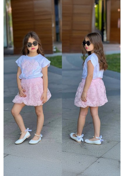 Pul Çiçek Detaylı Tül Etekli Kız çocuk takım - Pembe