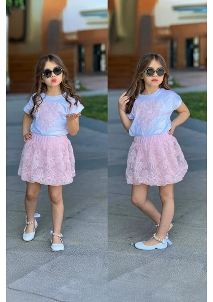 Pul Çiçek Detaylı Tül Etekli Kız çocuk takım - Pembe fiyatları