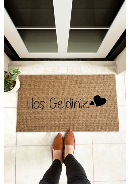Hoş Geldiniz Kalpli Kapı Önü Halı Paspas