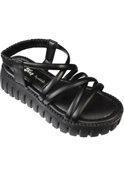 Yazkış Kadın Siyah Beyaz Üzeri Bant Atkılı 5cm Kalın Taban Arkası Lastikli Sandalet