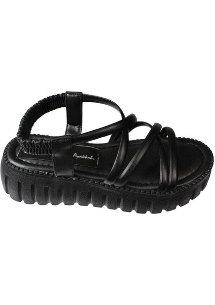 Yazkış Kadın Siyah Beyaz Üzeri Bant Atkılı 5cm Kalın Taban Arkası Lastikli Sandalet fiyatları