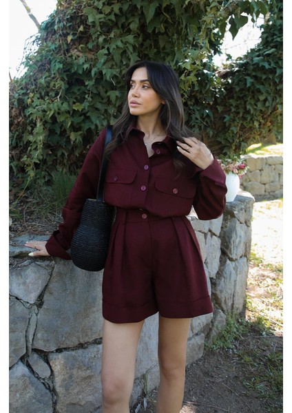Bordo Önü Cepli Ham Keten Gömlek