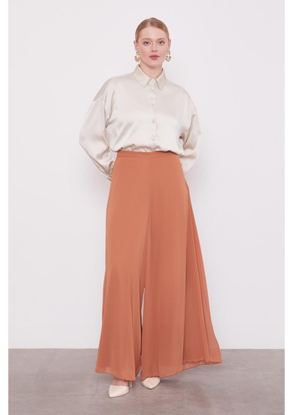 Taba Geniş Paçalı Şifon Pantolon