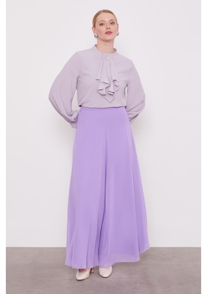 Lila Geniş Paçalı Şifon Pantolon