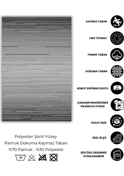 Çizgili Modern Desenli Siyah Gri Halı Dijital Baskılı Pamuk Dokuma Kaymaz Tabanlı Yıkanabilir Oturma Odası Halısı