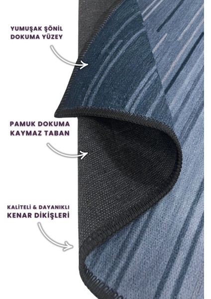 Çizgili Modern Desenli Mavi Halı Dijital Baskılı Pamuk Dokuma Kaymaz Tabanlı Yıkanabilir Yazlık Ev Halısı