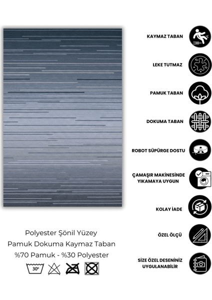 Çizgili Modern Desenli Mavi Halı Dijital Baskılı Pamuk Dokuma Kaymaz Tabanlı Yıkanabilir Yazlık Ev Halısı