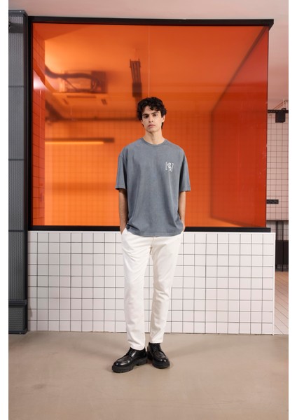 Bisiklet Yaka Arkası Enjeksiyon Baskı %100 Pamuk Oversize Erkek T-Shirt