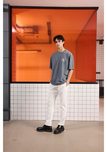 Bisiklet Yaka Arkası Enjeksiyon Baskı %100 Pamuk Oversize Erkek T-Shirt