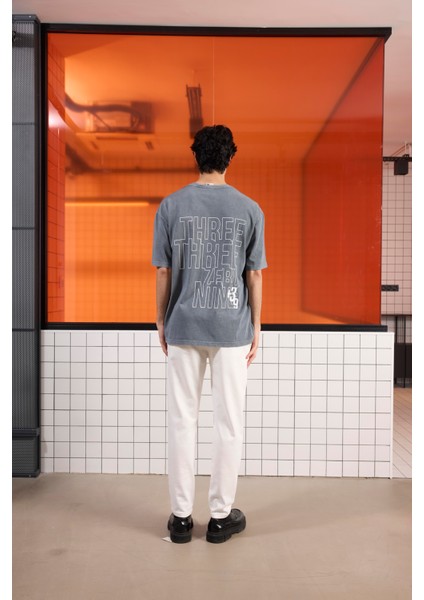 Bisiklet Yaka Arkası Enjeksiyon Baskı %100 Pamuk Oversize Erkek T-Shirt