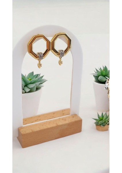 Premium Seri Paslanmaz Çelik Geometrik Şekilli Taşlı Gold Küpe