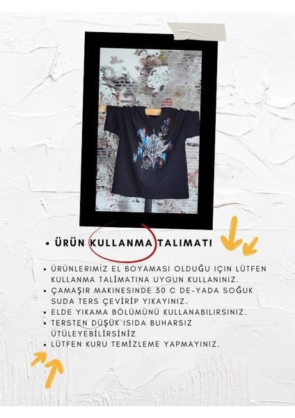 Motifli El Boyaması Standart Siyah T-Shirt