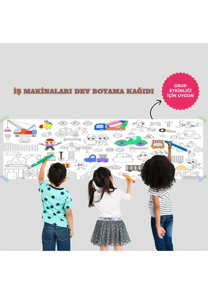 İş Makinaları Temalı Dev Boyama Kağıdı 2,5 Metre Rulo Boyama Kağıdı Çocuk Anaokulu ve Kreşler için Aktivite Çocuk Eğitici Boyama