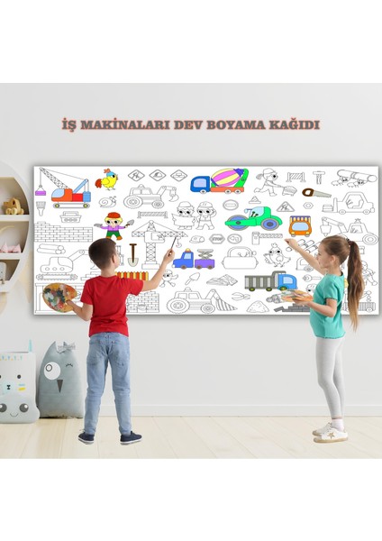 İş Makinaları Temalı Dev Boyama Kağıdı 2,5 Metre Rulo Boyama Kağıdı Çocuk Anaokulu ve Kreşler için Aktivite Çocuk Eğitici Boyama