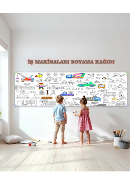 İş Makinaları Temalı Dev Boyama Kağıdı 2,5 Metre Rulo Boyama Kağıdı Çocuk Anaokulu ve Kreşler için Aktivite Çocuk Eğitici Boyama