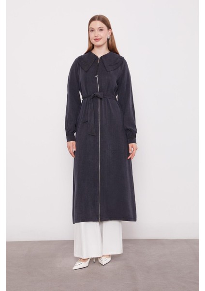 Siyah Geniş Yakalı Fermuarlı Cupra Kap