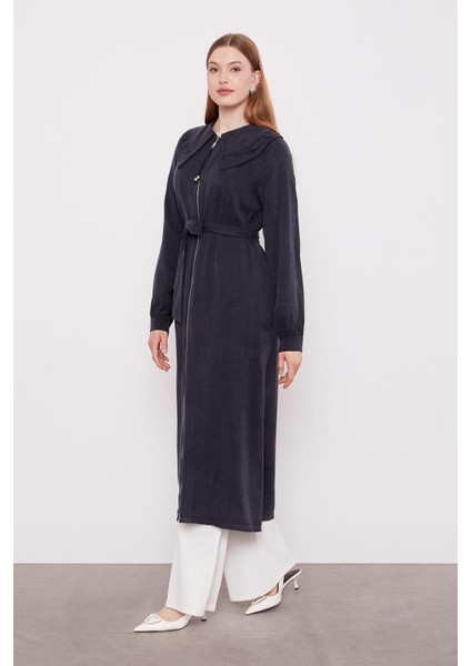 Siyah Geniş Yakalı Fermuarlı Cupra Kap