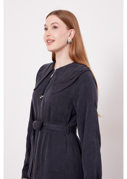 Siyah Geniş Yakalı Fermuarlı Cupra Kap