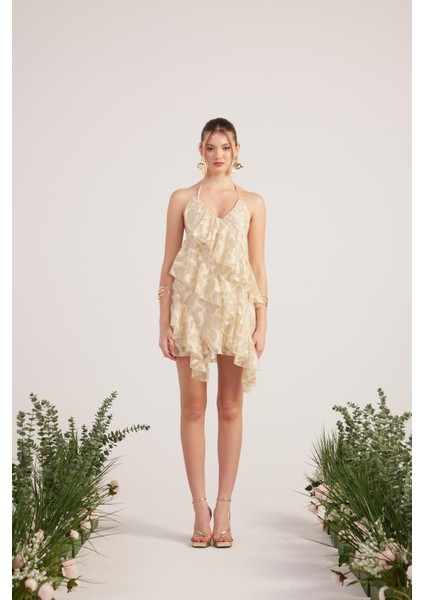 Fırfırlı Parlak Kumaşlı Mini Daniela Elbise Bej