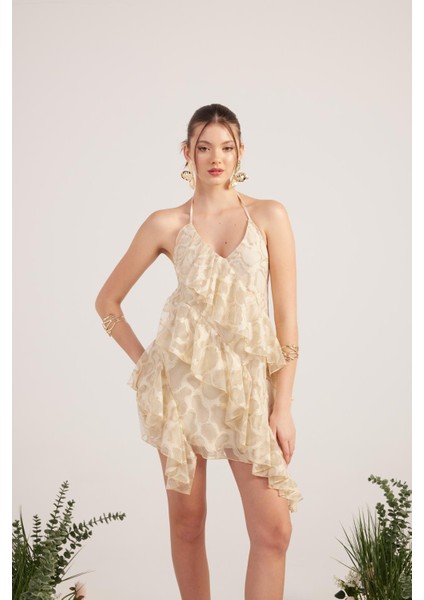 Fırfırlı Parlak Kumaşlı Mini Daniela Elbise Bej fiyatları