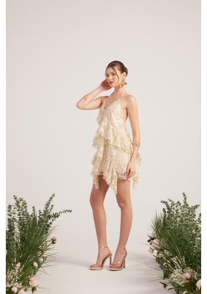 Fırfırlı Parlak Kumaşlı Mini Daniela Elbise Bej modelleri