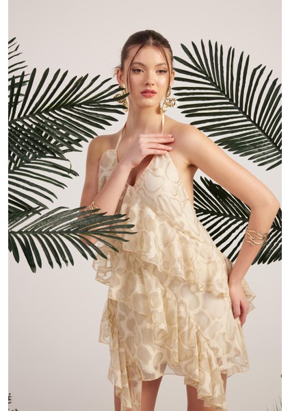 Fırfırlı Parlak Kumaşlı Mini Daniela Elbise Bej fırsatları