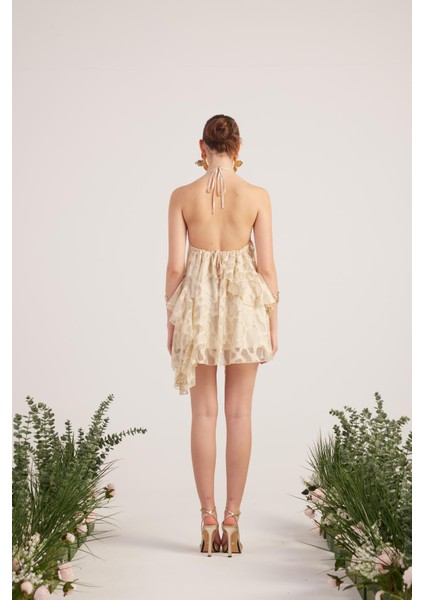 Fırfırlı Parlak Kumaşlı Mini Daniela Elbise Bej indirimleri