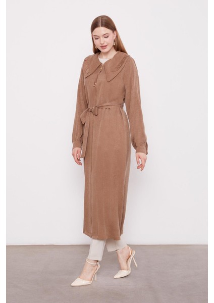 Camel Geniş Yakalı Fermuarlı Cupra Kap