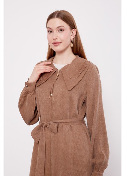 Camel Geniş Yakalı Fermuarlı Cupra Kap