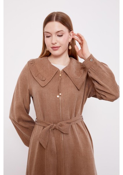 Camel Geniş Yakalı Fermuarlı Cupra Kap