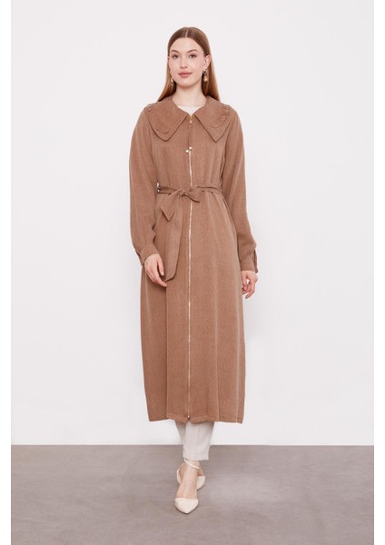 Camel Geniş Yakalı Fermuarlı Cupra Kap