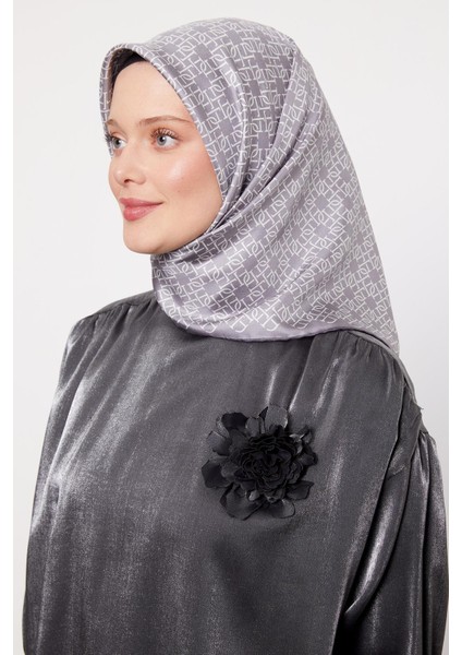 Gümüş Çizgili Sarmal Desen Twill Ipek Eşarp