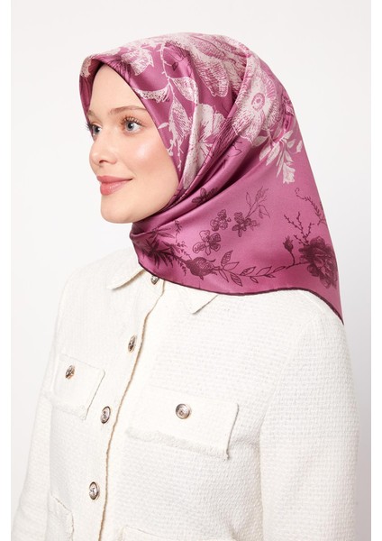 Menekşe Soyut Gül Desen Twill Ipek Eşarp