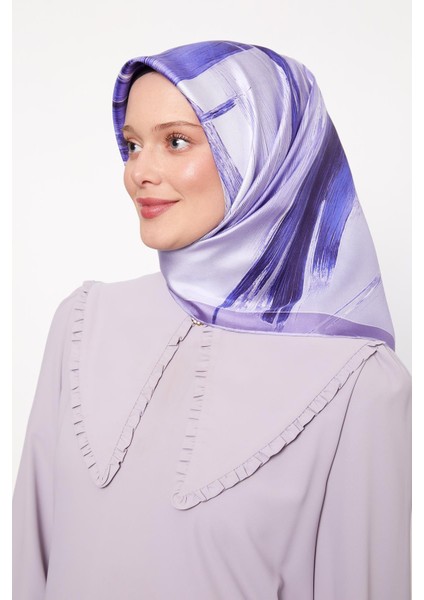 Mor Soyut Kristal Desen Twill Ipek Eşarp