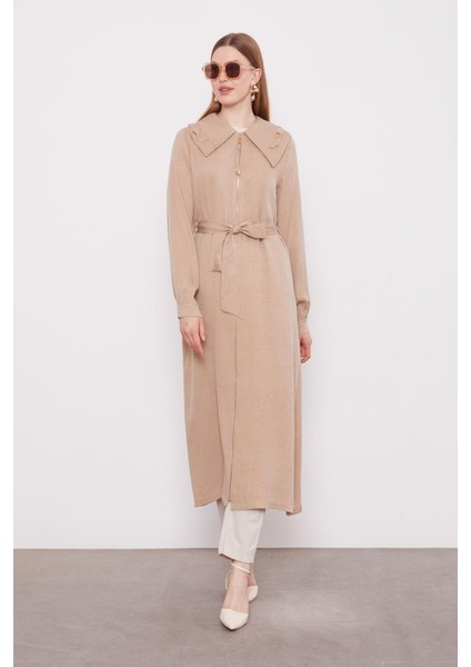 Koyu Bej Geniş Yakalı Fermuarlı Cupra Kap