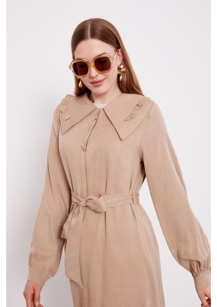 Koyu Bej Geniş Yakalı Fermuarlı Cupra Kap indirimleri