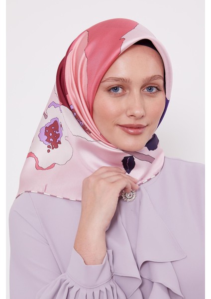 Pembe Çizim Çiçek Desen Twill Ipek Eşarp modelleri