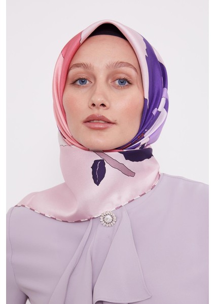 Pembe Çizim Çiçek Desen Twill Ipek Eşarp fırsatları