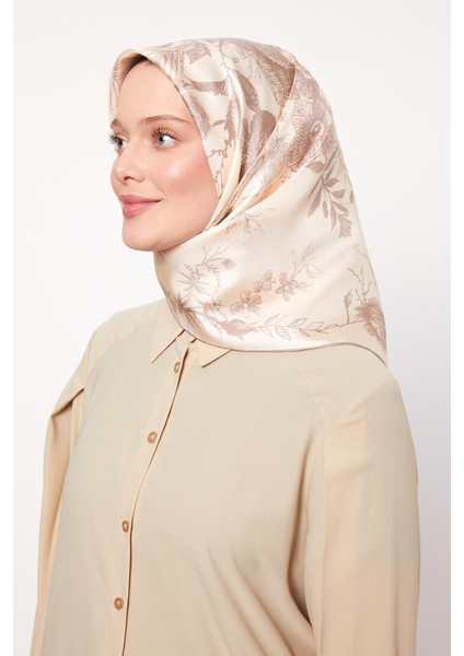 Pudra Soyut Gül Desen Twill Ipek Eşarp