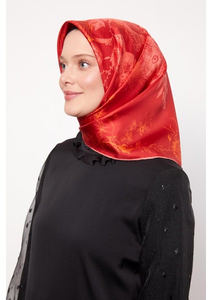 Fuşya Soyut Gül Desen Twill Ipek Eşarp