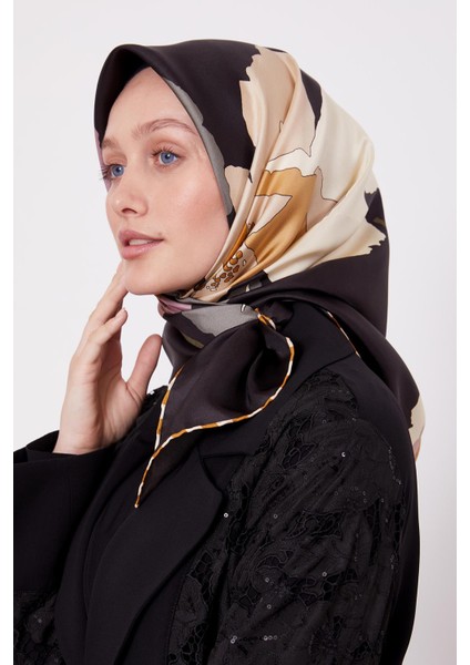 Siyah Çizim Çiçek Desen Twill Ipek Eşarp modelleri