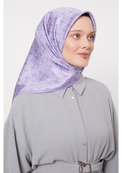 Mor Çizgili Sarmal Desen Twill Ipek Eşarp