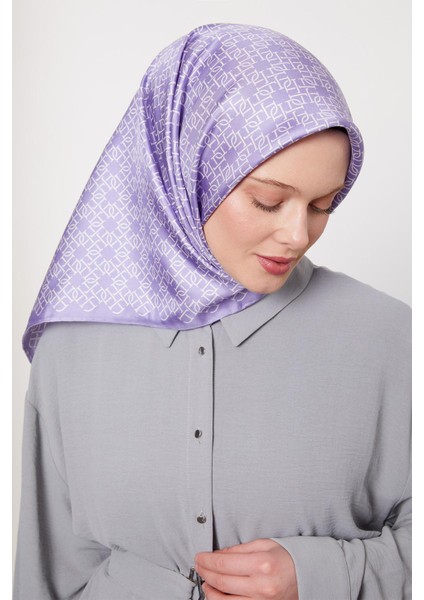 Mor Çizgili Sarmal Desen Twill Ipek Eşarp
