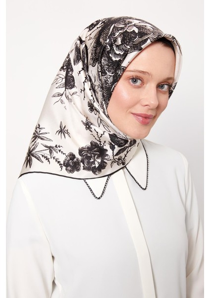 Ekru Soyut Gül Desen Twill Ipek Eşarp