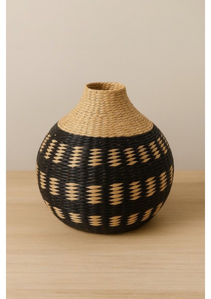 Dekoratif Vazo, Doğal Hasır, El Yapımı, Rattan Desenli, Siyah Bej, 25X25 cm