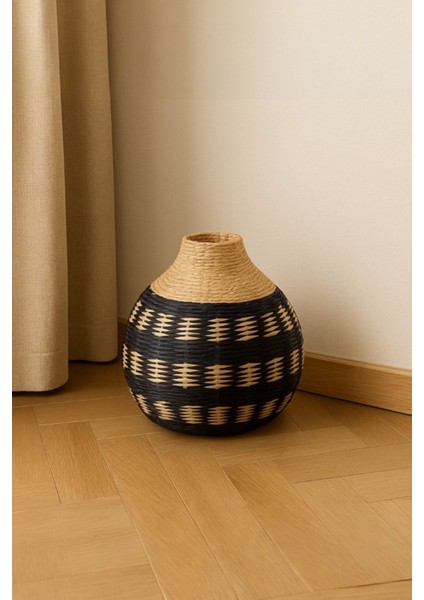 Dekoratif Vazo, Doğal Hasır, El Yapımı, Rattan Desenli, Siyah Bej, 25X25 cm