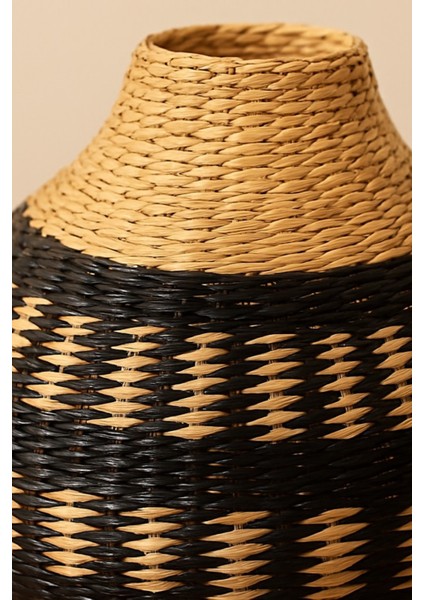 Dekoratif Vazo, Doğal Hasır, El Yapımı, Rattan Desenli, Siyah Bej, 25X25 cm