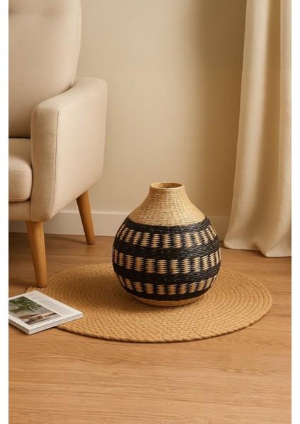 Dekoratif Vazo, Doğal Hasır, El Yapımı, Rattan Desenli, Siyah Bej, 25X25 cm