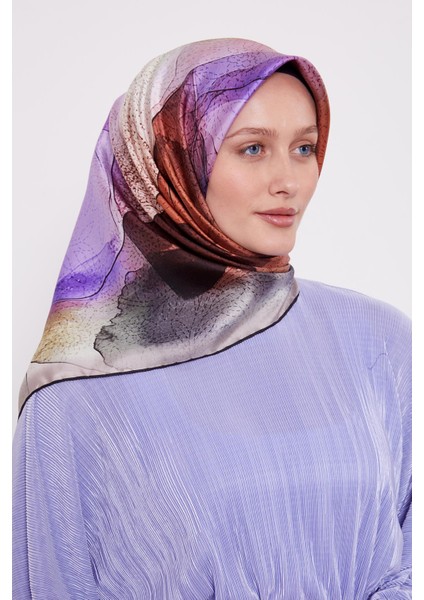 Bej Kesik Çiçek Desen Twill Ipek Eşarp